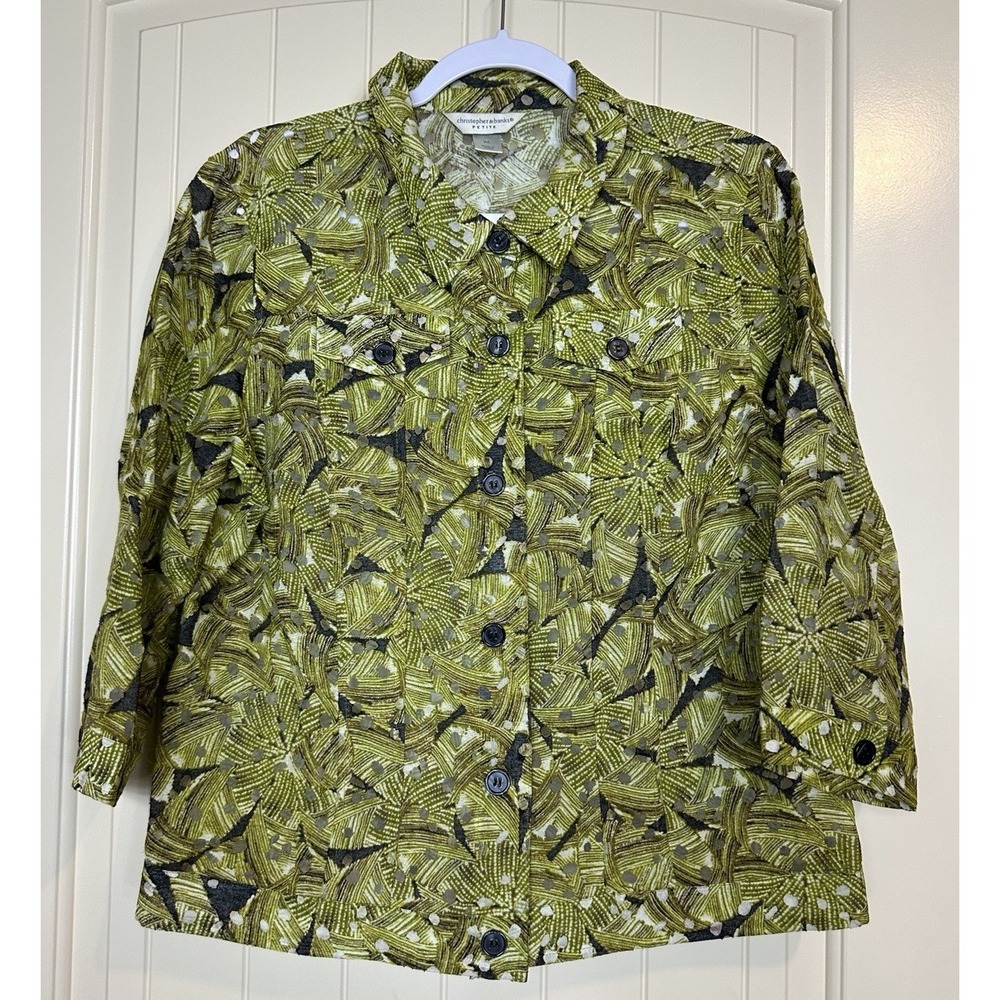 Christopher & Banks Women's green 3/4 Sleeve Semi Sheer button up sz PL‎ GUC